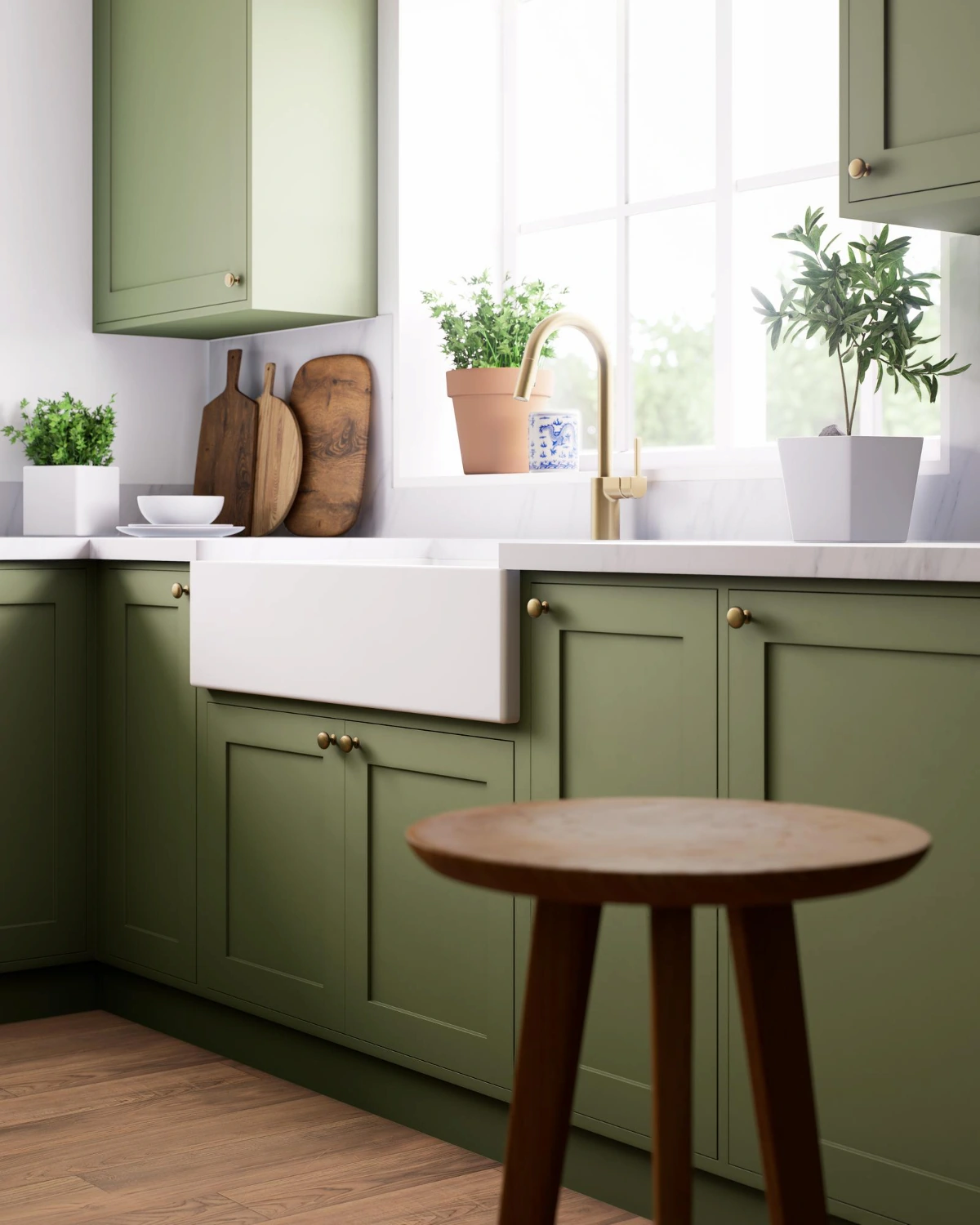 Meja Dapur dan Wastafel Cor dengan Sentuhan Hijau Sage